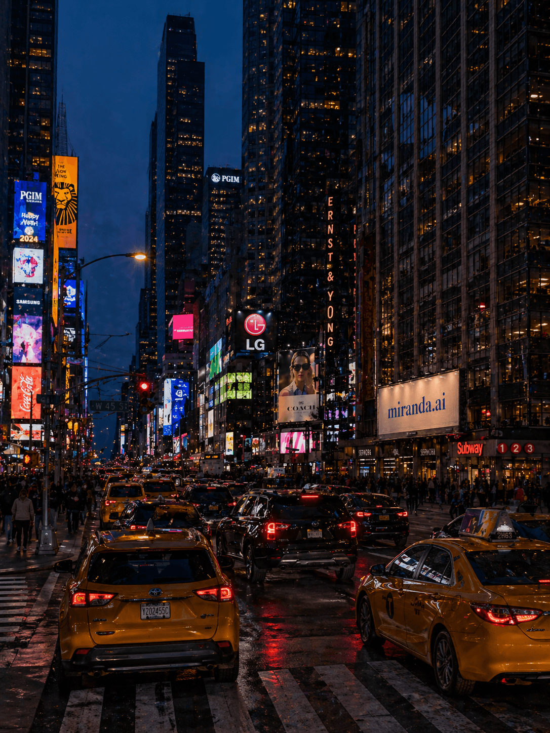Times Square at night with Miranda billboard